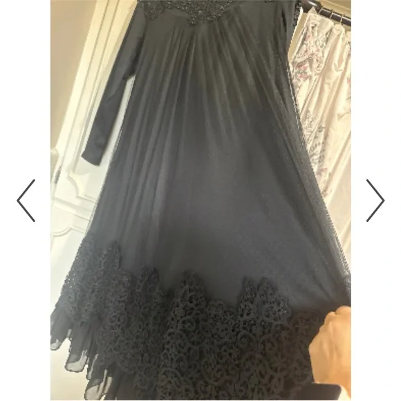 Dainty Jewell Black Sheer Lace Long Sleeve Maxi Dress Sz L Crochet High Neck - Picture 3 of 11